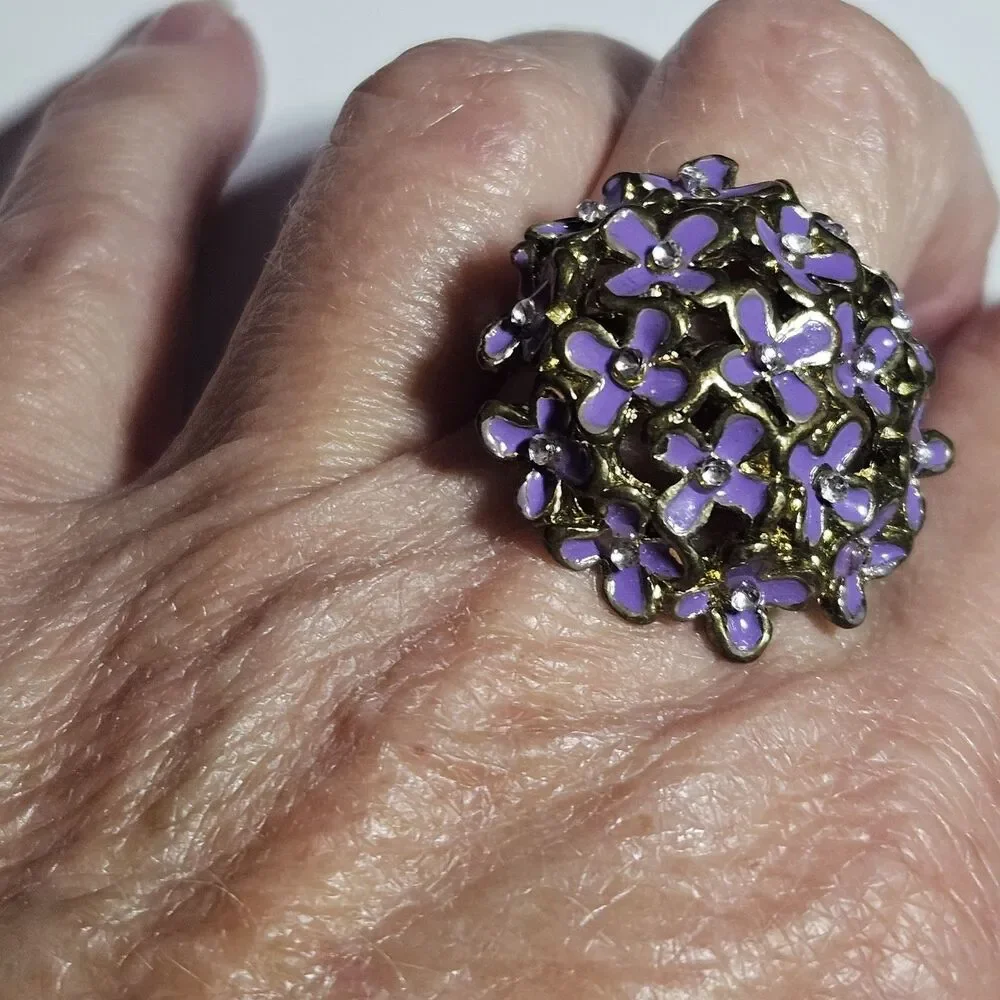Gold Tone Purple Enamel Flower Ring With Clear Rhinestone Accents Adjustable
